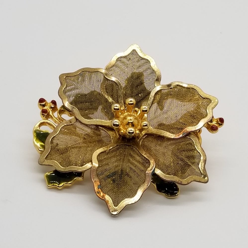 Vintage KC Kenneth Cole Christmas  Flower Metal Mesh Poinsettia Pin Brooch